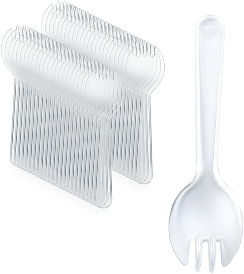 EYAKEG 4.2"" Mini Disposable Sporks 50Pcs, Plastic Spork 2-in-1 Utensils, Individual Package Per (Clear) - Image 1